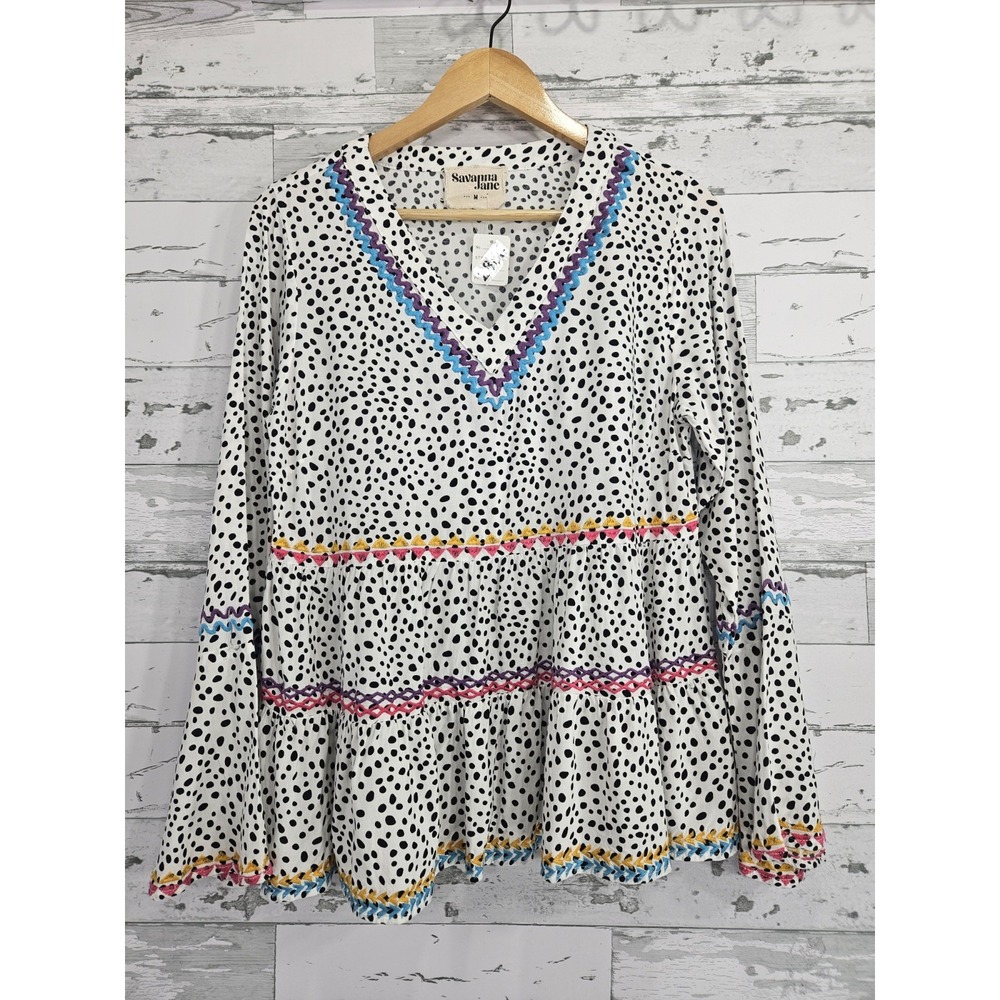 Savanna Jane Womens Medium Embroidered Leopard Print Baydoll Top
